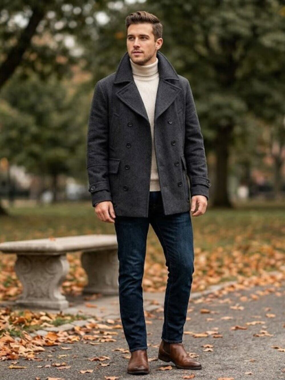 Express Men’s Charcoal Dark Grey Virgin Wool Blend Double-Breasted Peacoat M